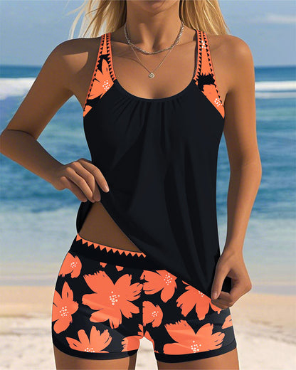 U-Neck Sleeveless Printed Boxer Tankini