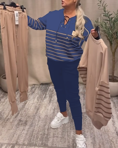 Casual Striped Ankle Sports Two-Piece Sets