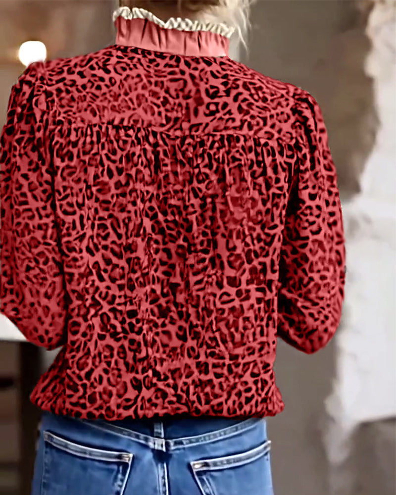 Casual Leopard Print Long-Sleeved Blouse