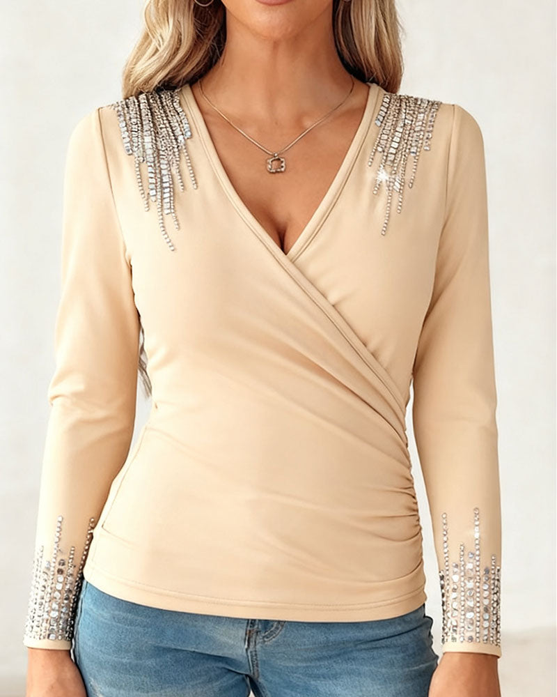 Fashionable V-Neck Diamond Long Sleeve Top