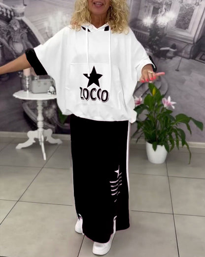 Hooded Drawstring Printed Skirt Set