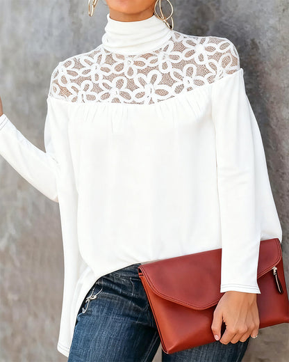 Turtleneck Lace Sheer Knit Top