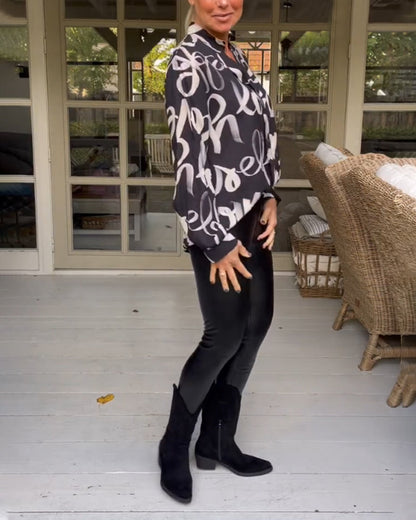 Printed v-neck long-sleeved blouse