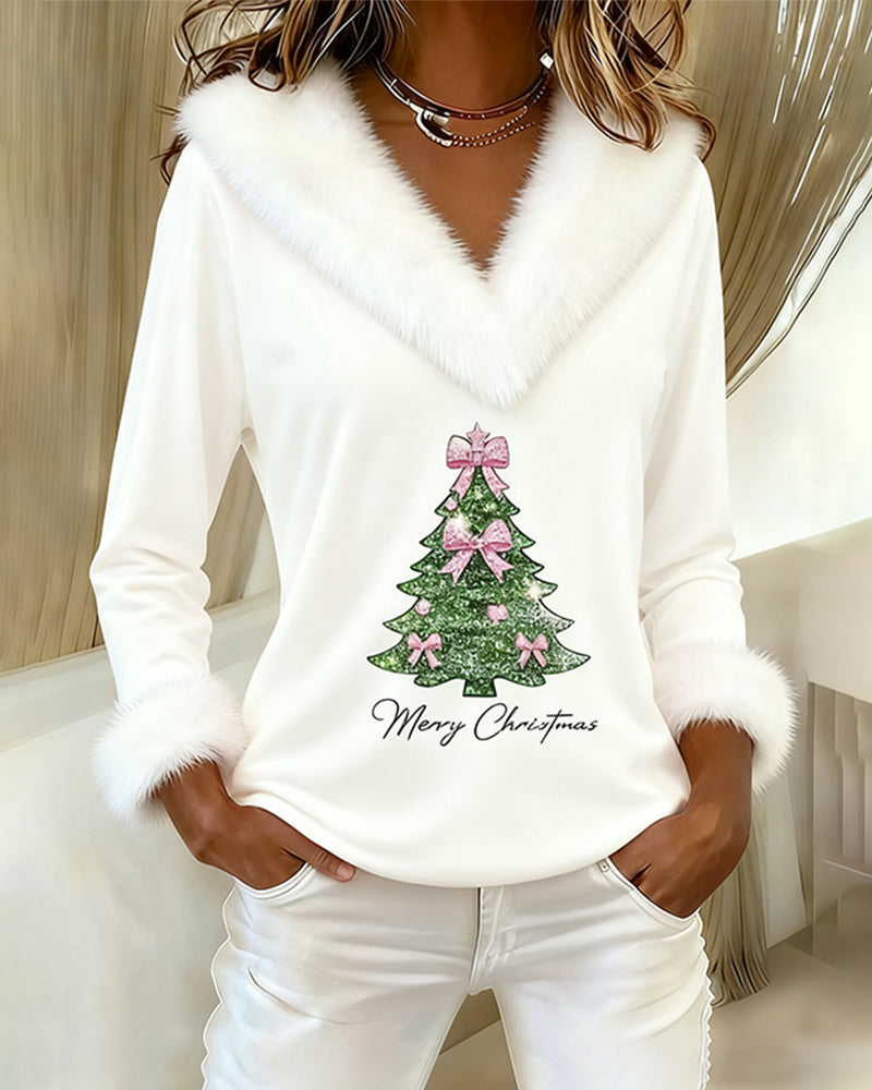 Large Fur Collar Christmas Print Top