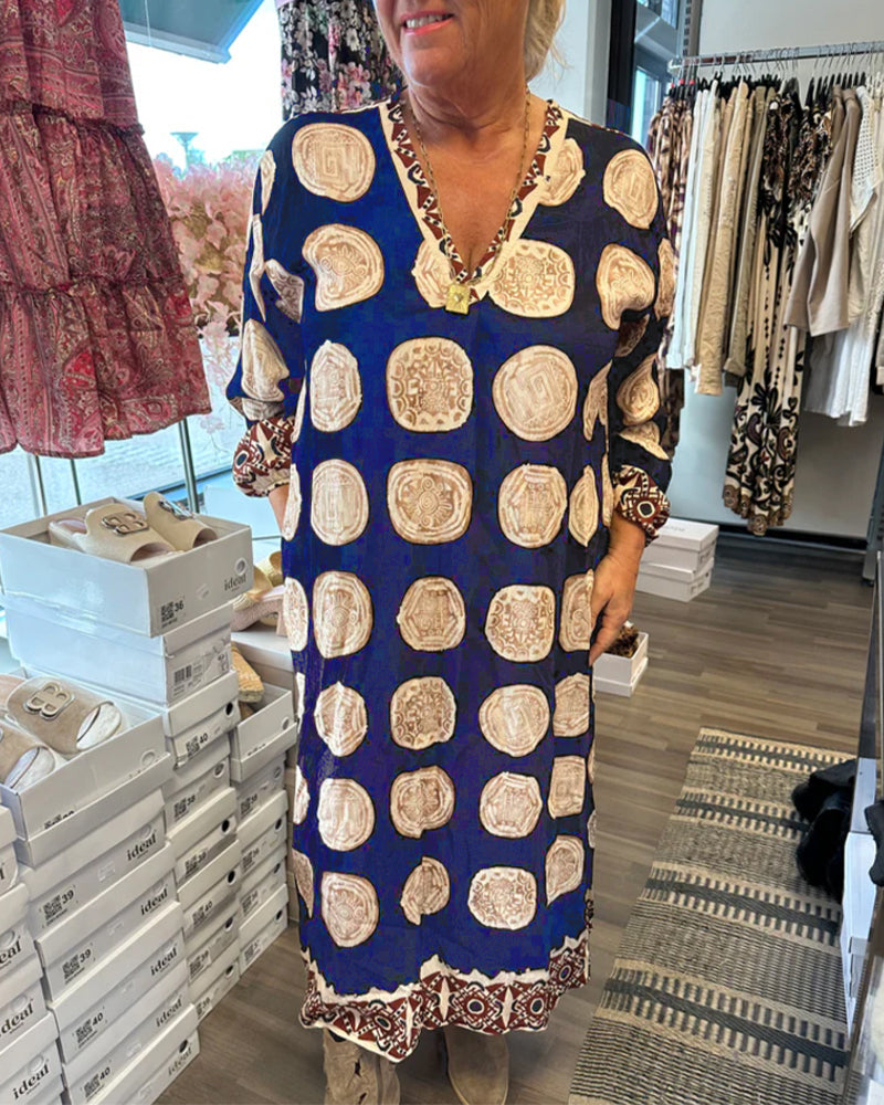 Long-Sleeved V-Neck Printed Dress