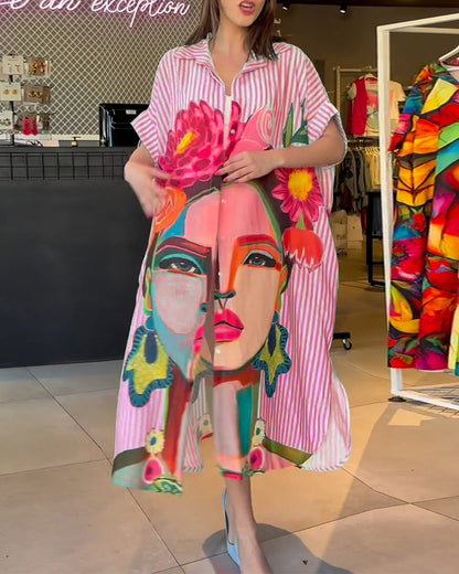 Vertical striped character print lapel slit blouse