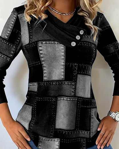 V-Neck Contrast Solid Color Long-Sleeved Top