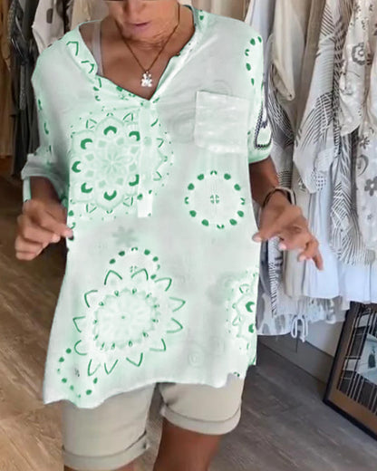 Versatile V-Neck Printed Half Sleeves Blouse