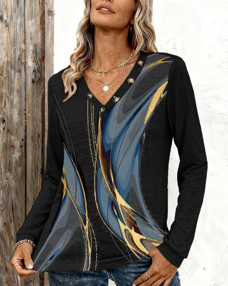 Printed V-Neck Long-Sleeved Casual Top