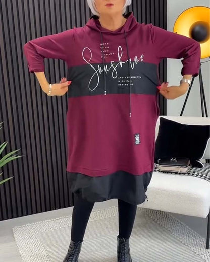 Casual color block letter print pocket hooded dress