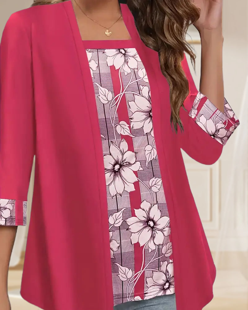 Printed Fake Two-Piece Long-Sleeved Top