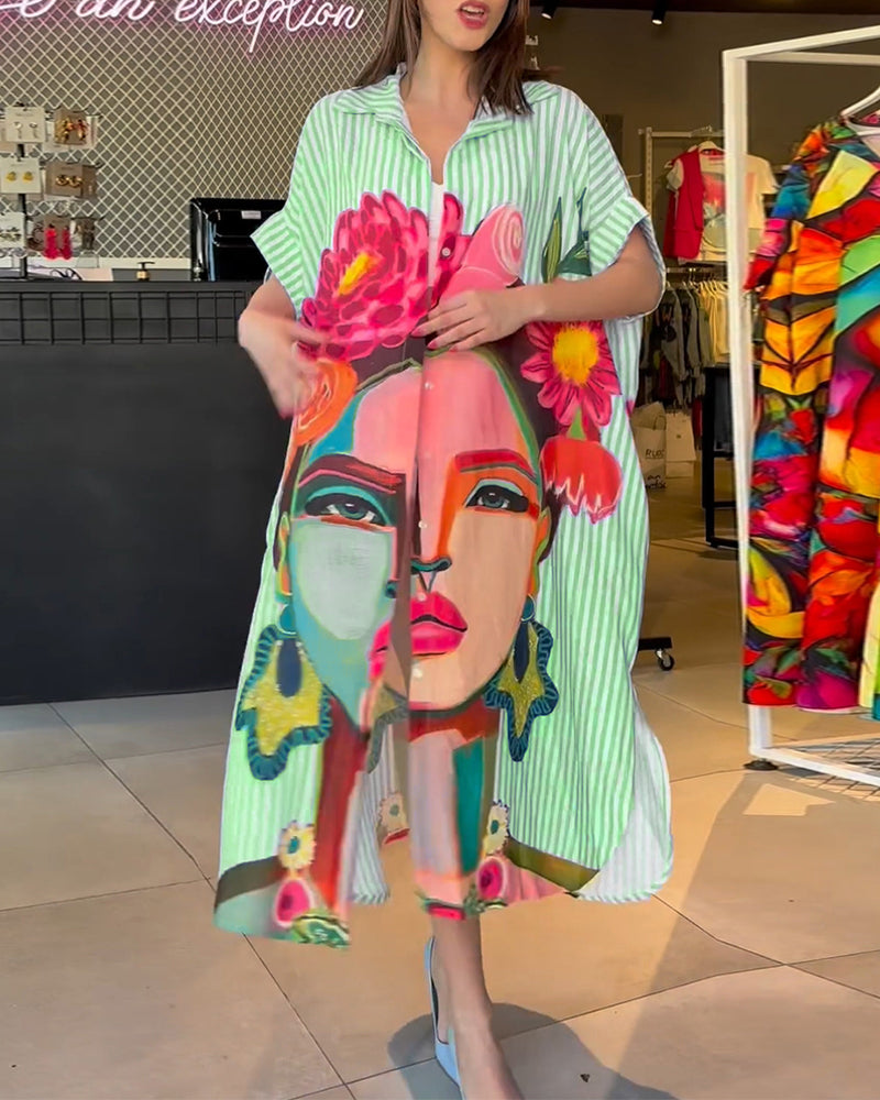 Vertical striped character print lapel slit blouse