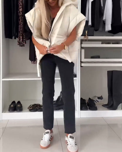 Hooded solid color zipper short sleeve padded jackets