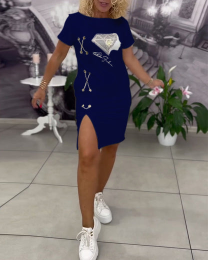 Printed Fitted Slit Dress