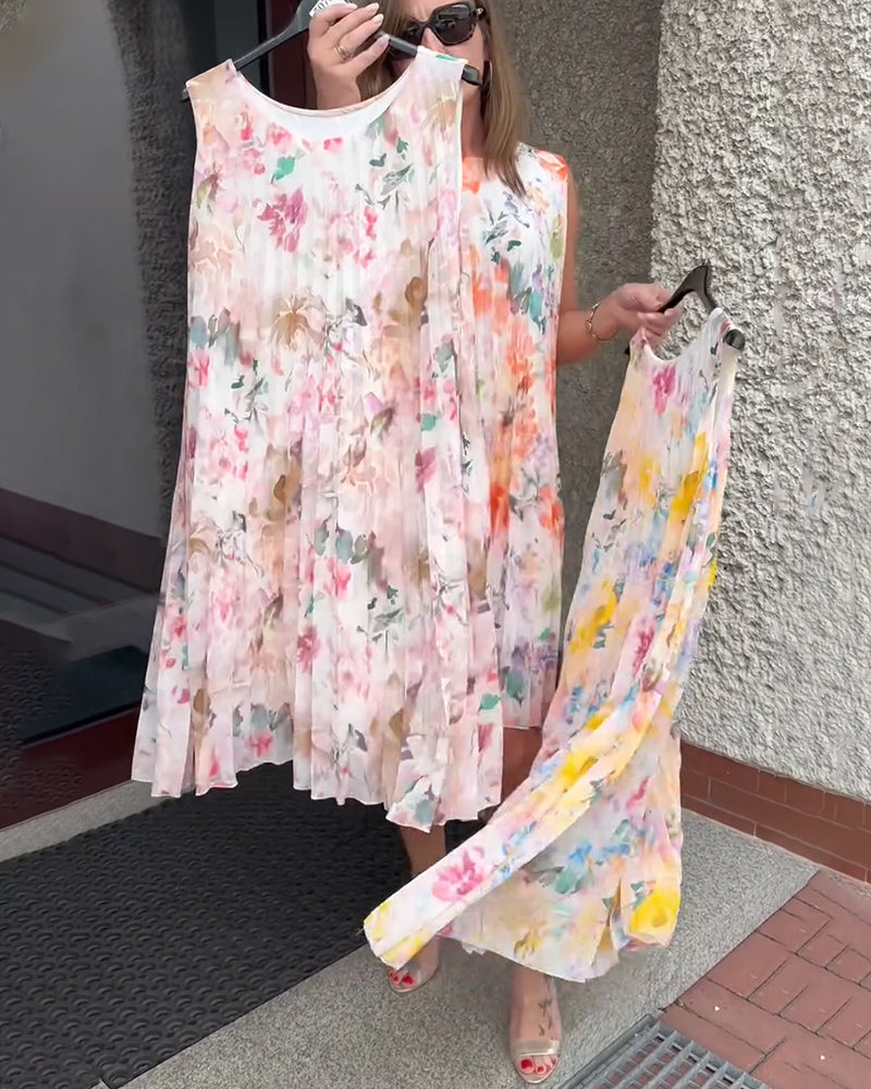 Sleeveless Pleated Floral Dress