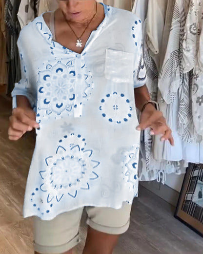 Versatile V-Neck Printed Half Sleeves Blouse