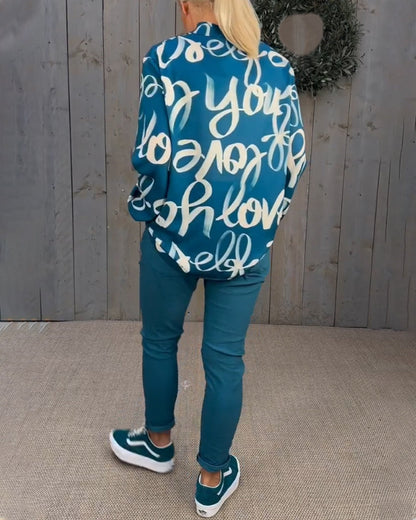 Printed v-neck long-sleeved blouse