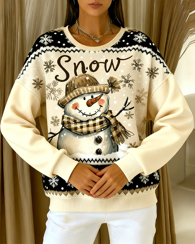 Long-Sleeved Snowman Print Casual Sweatshirt