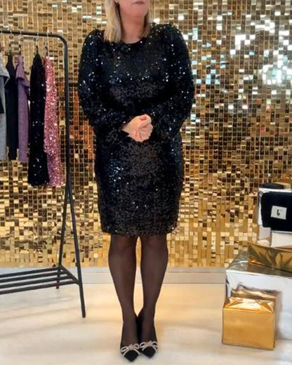 Sequin Long-Sleeve Crew-Neck Dress