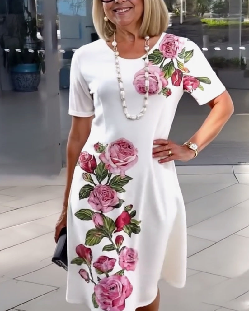 Short Sleeve Rose Print Shift Dress