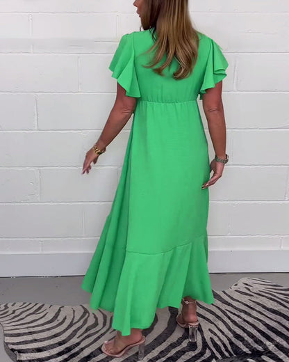 Ruffled solid color slit elegant dress