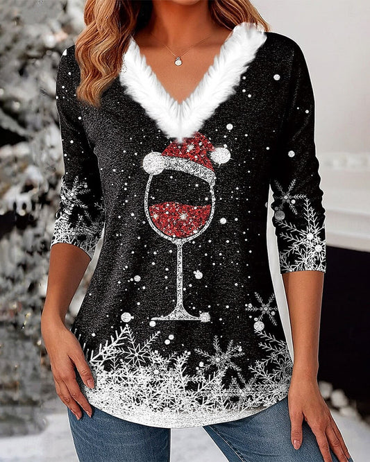 Casual V-neck Fur Collar Christmas Print T-shirt