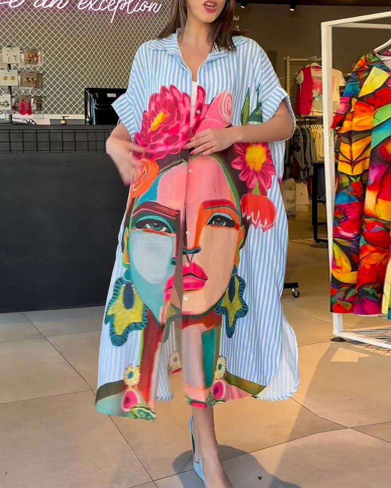 Vertical striped character print lapel slit blouse