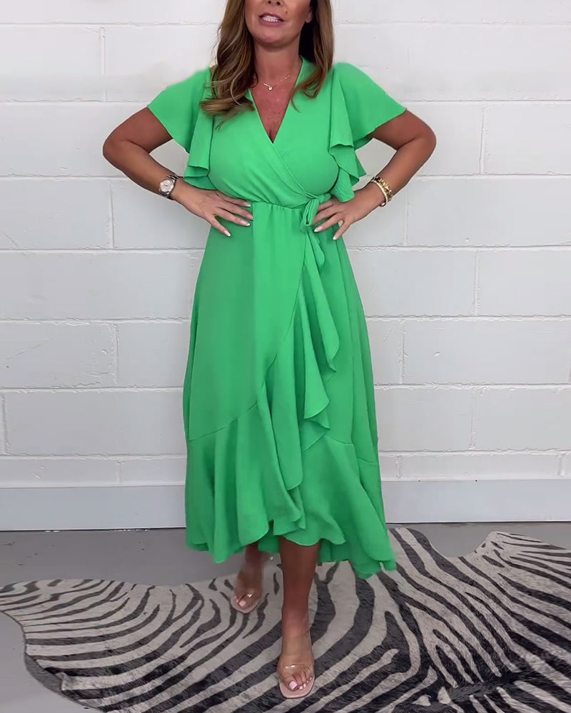 Ruffled solid color slit elegant dress