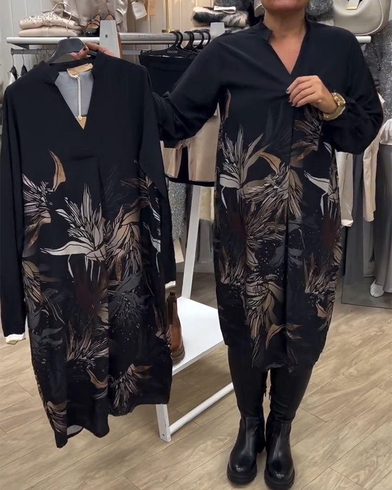 V-Neck Leaf Print Long-Sleeved Dress