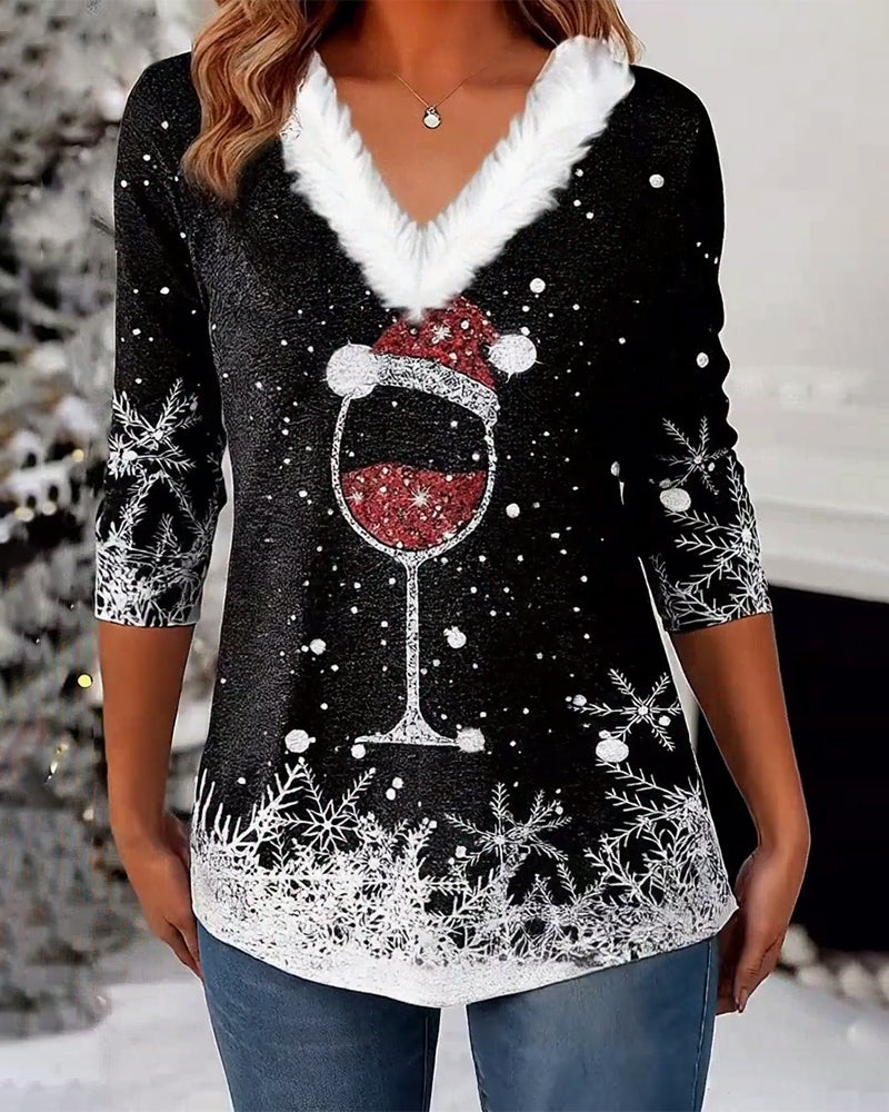 Casual V-neck Fur Collar Christmas Print T-shirt