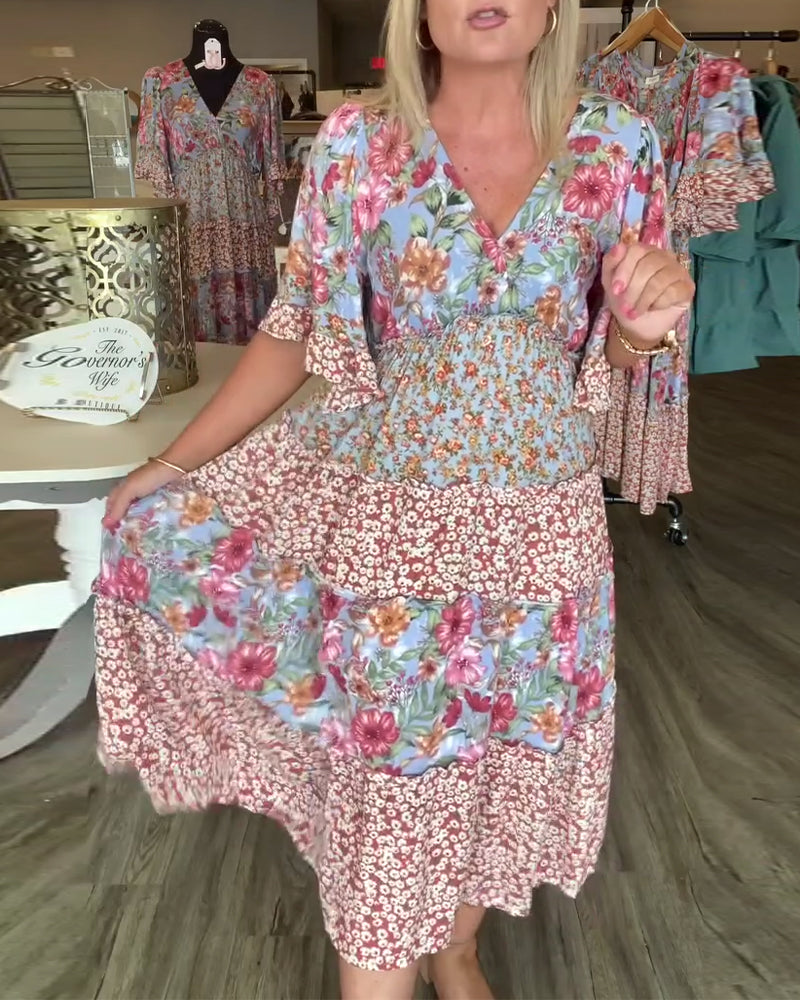 V-Neck Lotus Sleeve Floral Dress