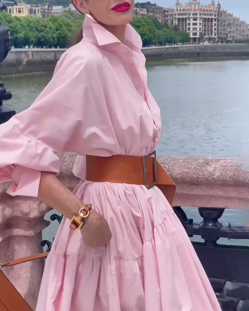 Solid color lapel wide swing dress