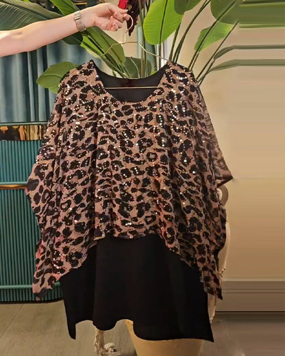 Leopard Print Sequined Batwing Sleeve T-Shirt