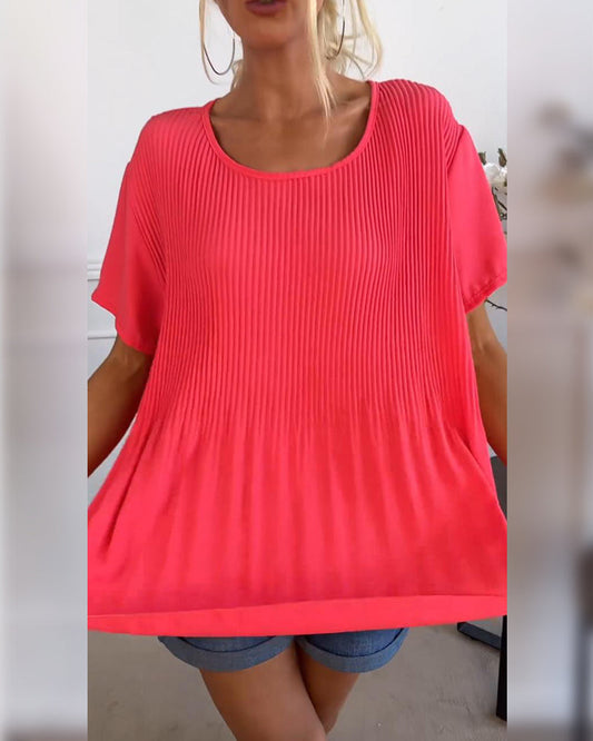Solid color round neck pleated blouse