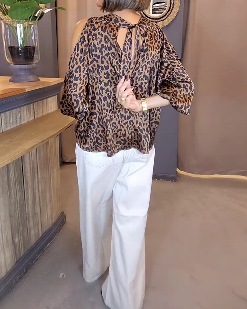 Tie-Strap Off-Shoulder Leopard Print Blouse