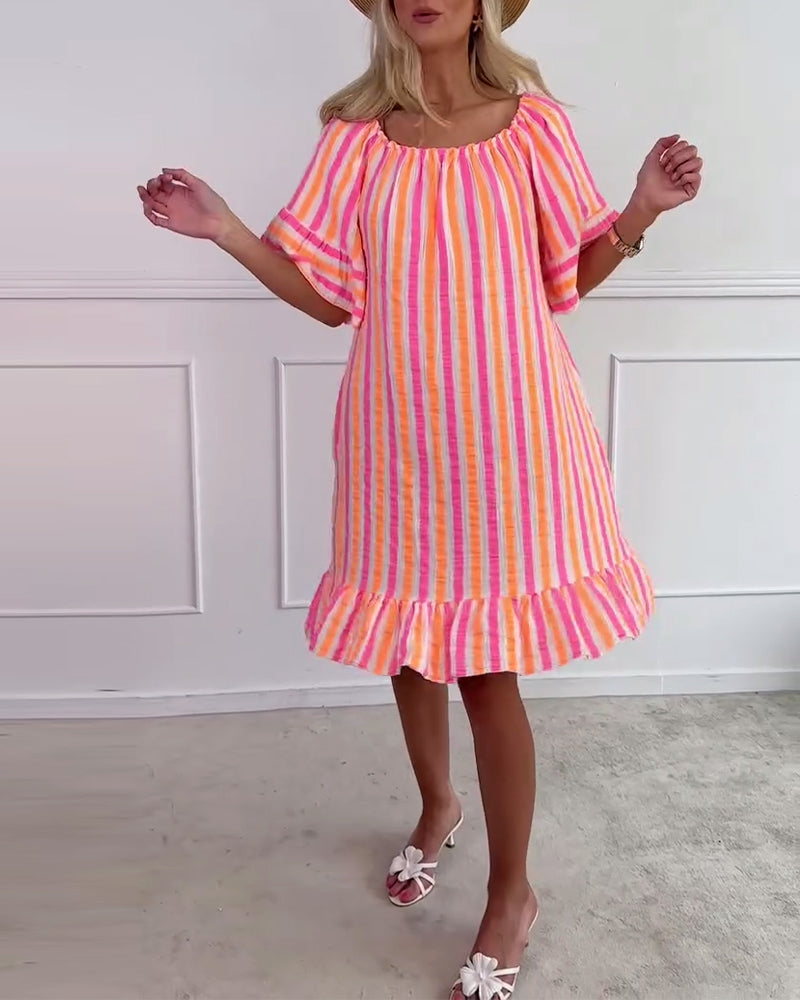 Round Neck Striped Pleated Shift Dress