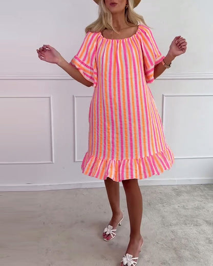 Round Neck Striped Pleated Shift Dress