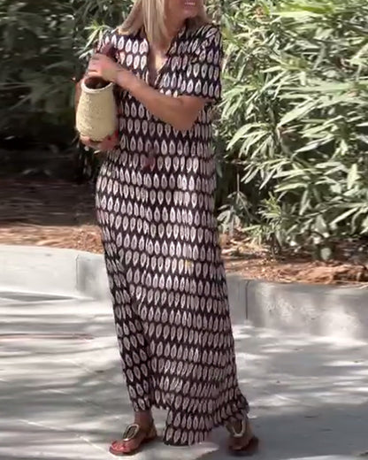V-Neck Printed Short-Sleeved Straight Maxi Dress