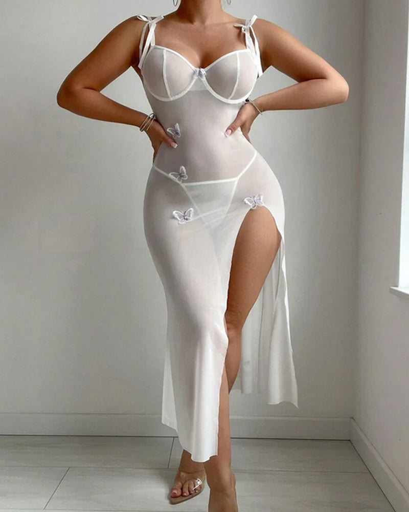 Mesh Butterfly High Slit Suspender Dress