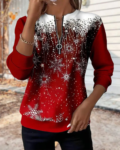 Half-Zip Snowflake Round Neck Sweatshirt