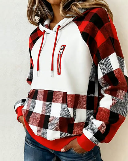 Color-Blocked Plaid Hoodie