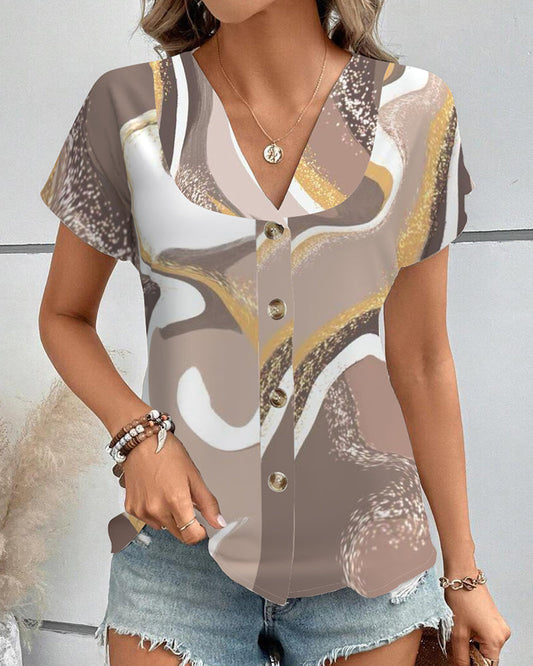 Short-Sleeved Geometric Print Blouse