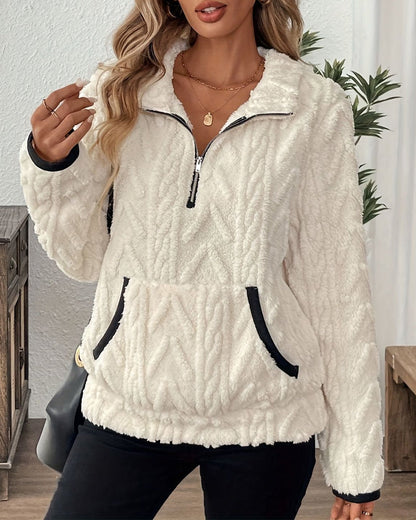 Lapel Zipper Front Fuzzy Sweatshirt