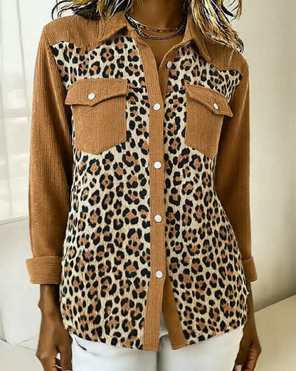 Long-Sleeved Leopard Print Patchwork Shirt