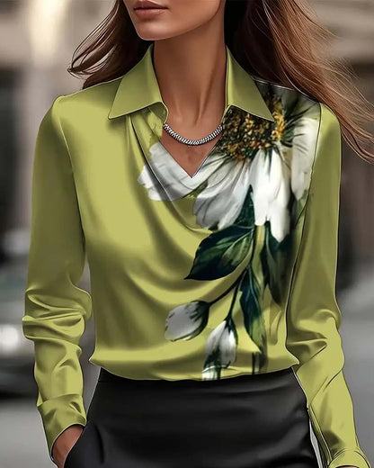 Lapel Straight Shoulder Printed Blouse
