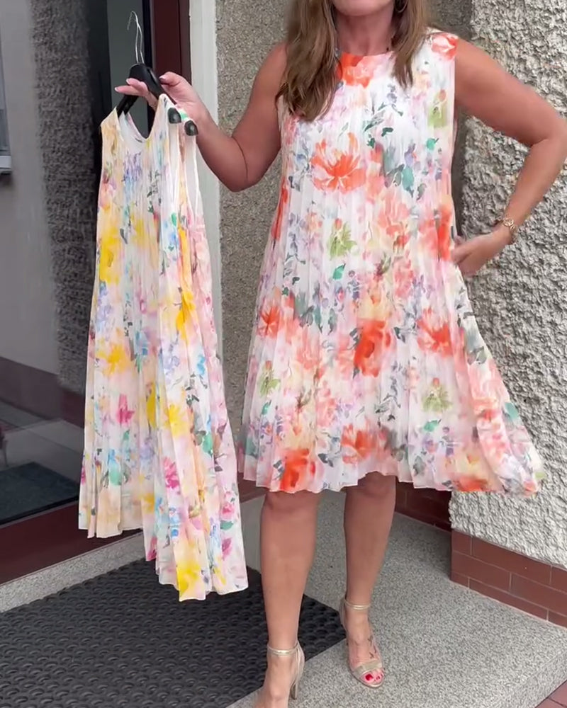 Sleeveless Pleated Floral Dress