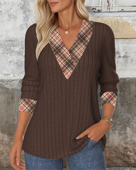 V-Neck Paneled Plaid Knitted Sweater
