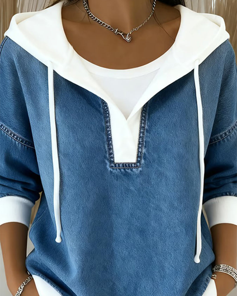Lace-Up Denim Paneled Hooded Sweatshirt