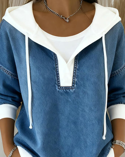 Lace-Up Denim Paneled Hooded Sweatshirt