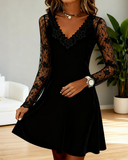 Lace-Trimmed Velvet A-Line Dress